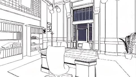 An architectural rendering of a high school principal's office